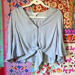 LAUREN CONRAD Polyester Boho Light Blue Tie-Front Blouse Size XS